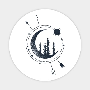 Forest And Сrescent. Pine Trees On The Moon. Creative Illustration. Geometric, Line Art Style Magnet